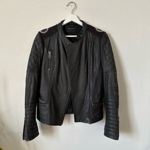 Maison Scotch Black Leather Biker Studded Moto Bomber Jacket Size 2 US M